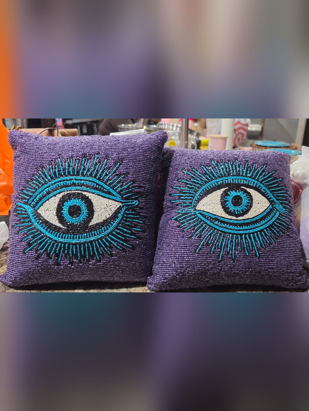 Purple Beaded Eye Accent Pillow - Decorative Home Accent
